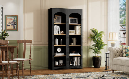 ON-TREND Free Standing 5 Tier Bookshelves, Bookcases Set of 2, Farmhouse Two-Tone Storage Cabinet with Adjustable Shelves, Modern 72'H Kitchen Pantry Cabinet for Living Room, Home Office, Black