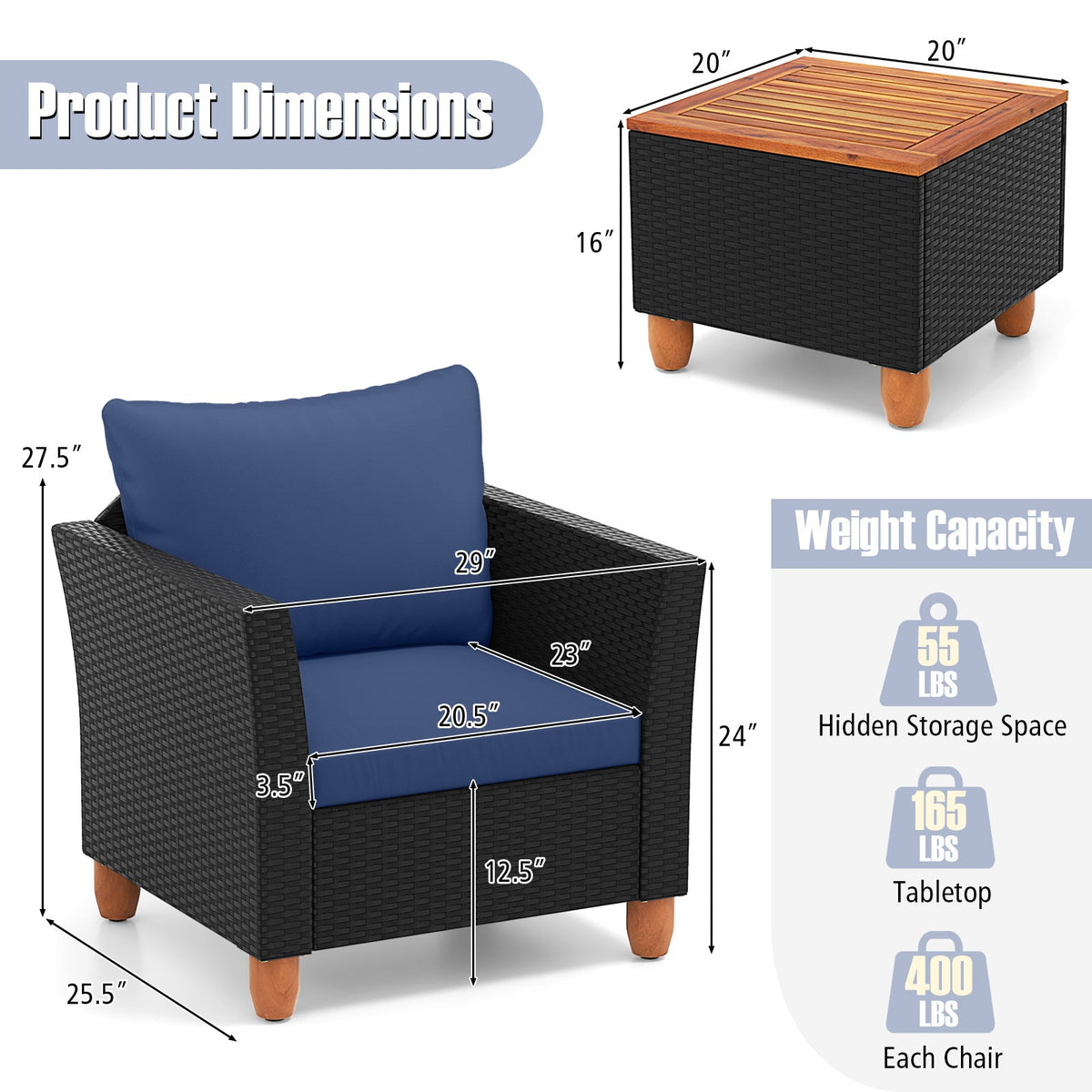 3 Pieces Outdoor Patio Rattan Furniture Set-Navy