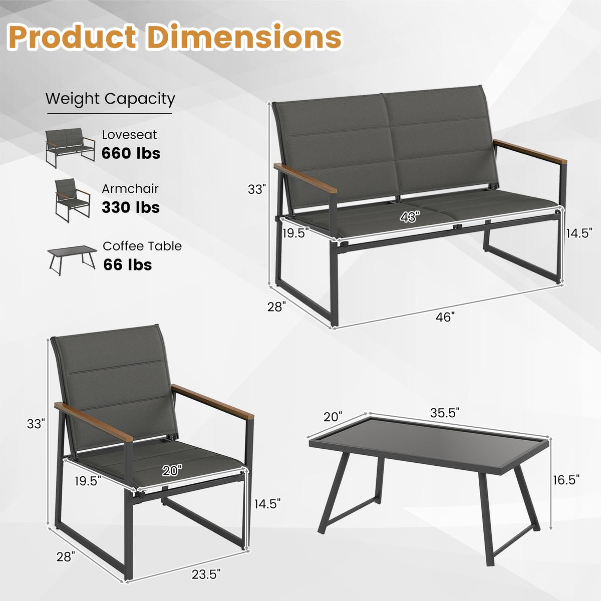 4-Piece Outdoor Patio Conversation Set with Coffee Table