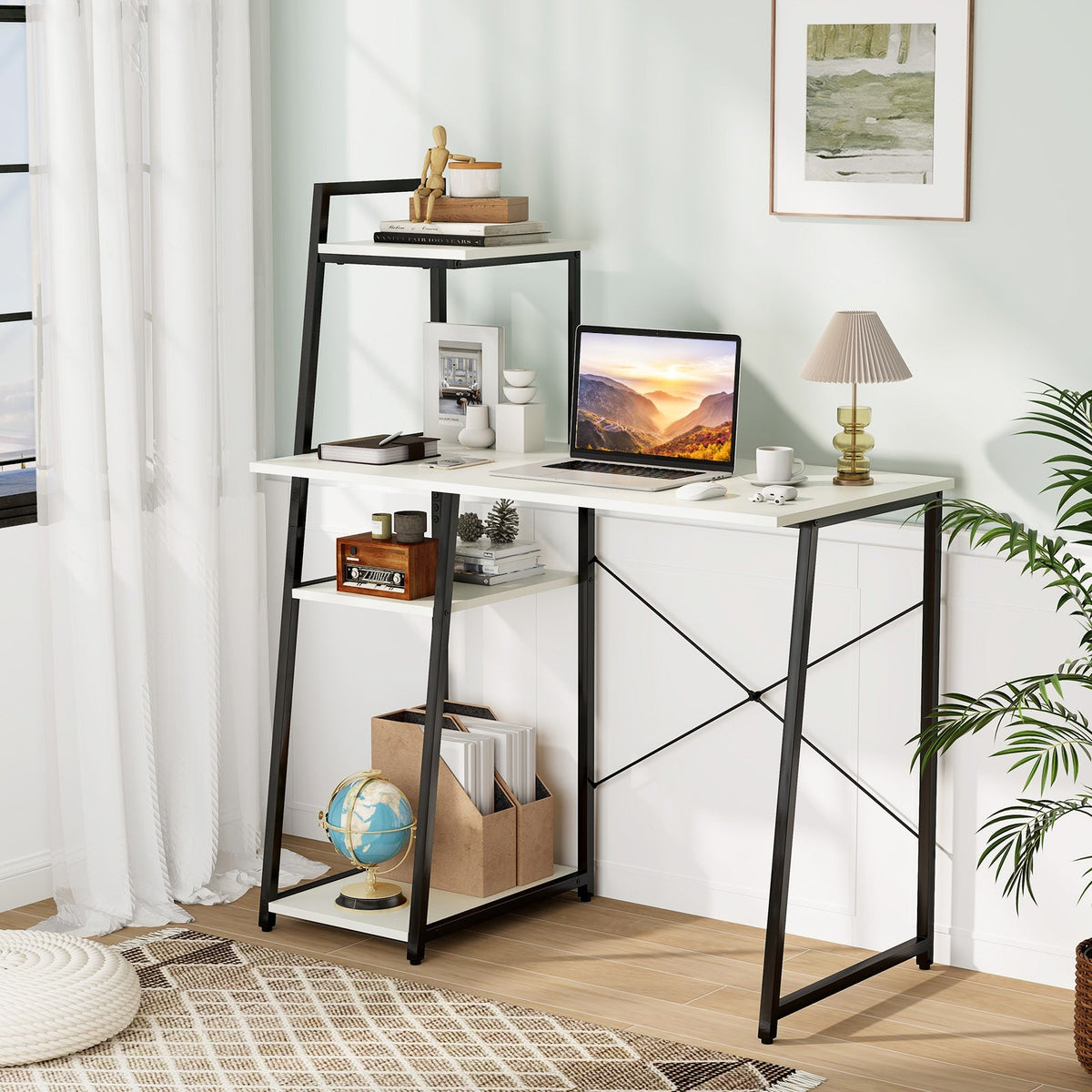 Compact Computer Desk with 4-Tier Storage Shelves