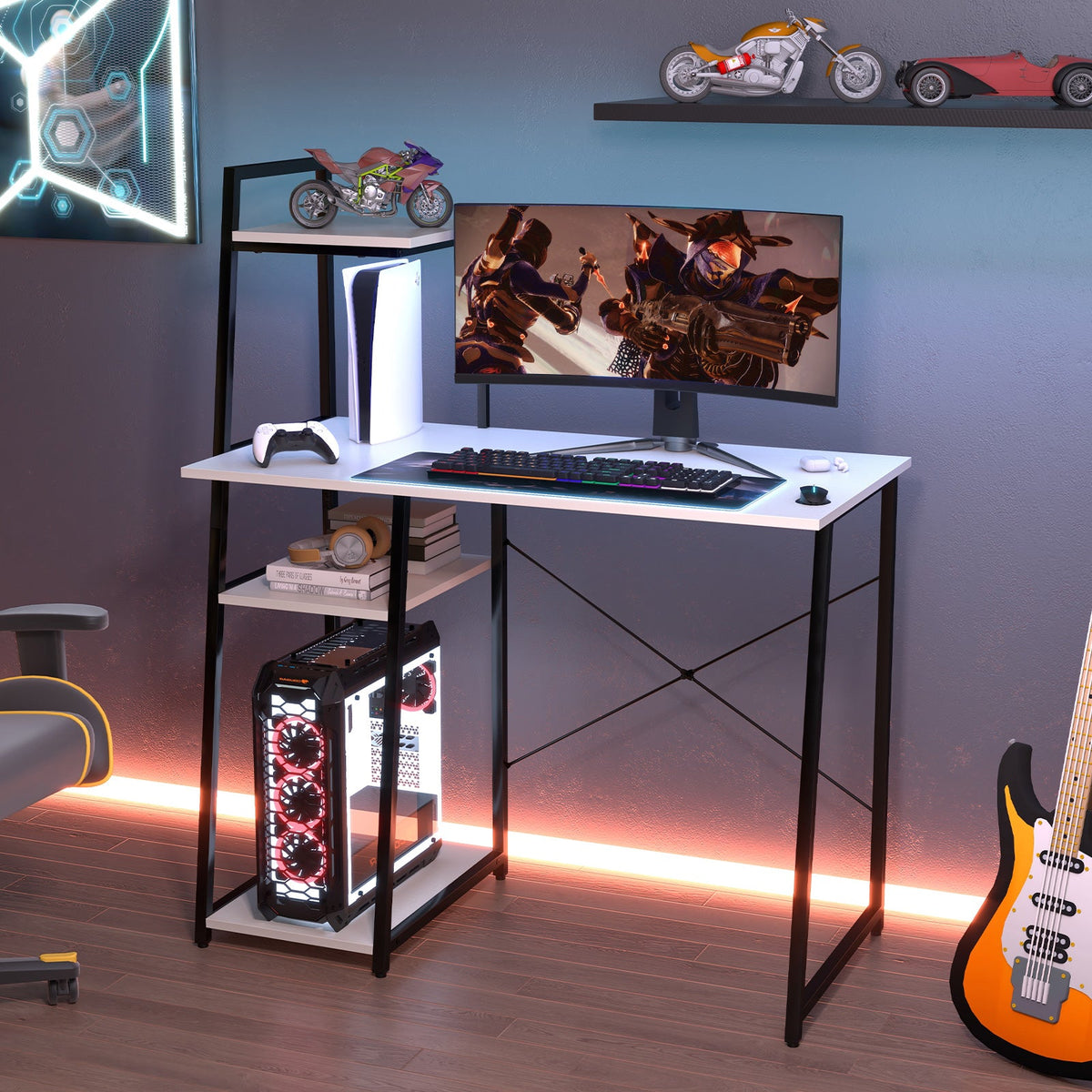 Compact Computer Desk with 4-Tier Storage Shelves