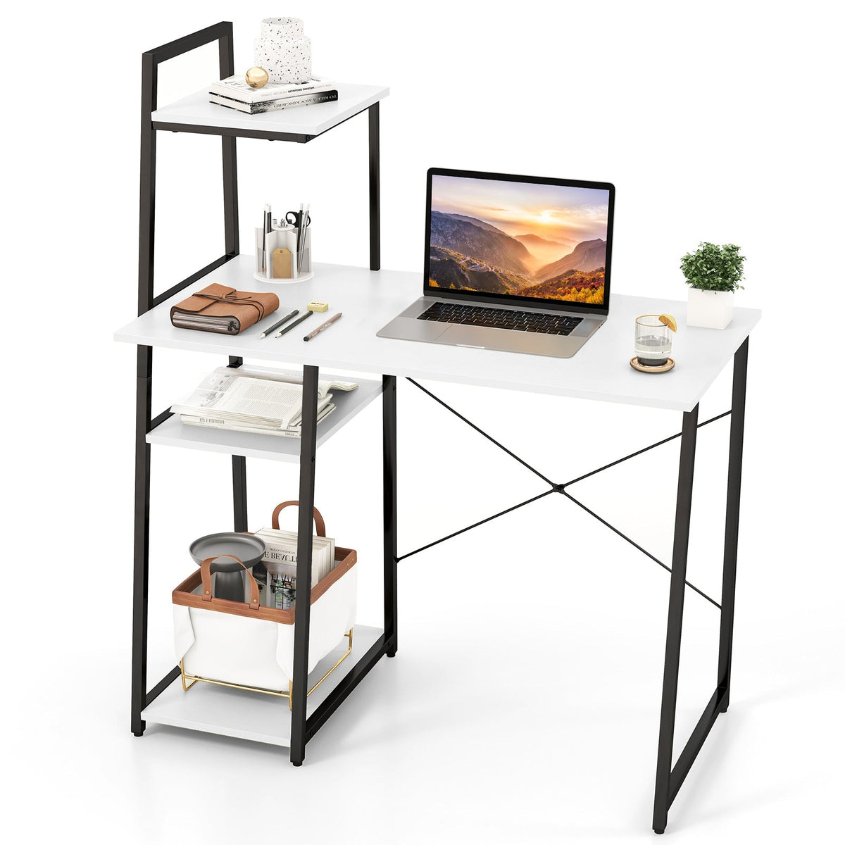Compact Computer Desk with 4-Tier Storage Shelves