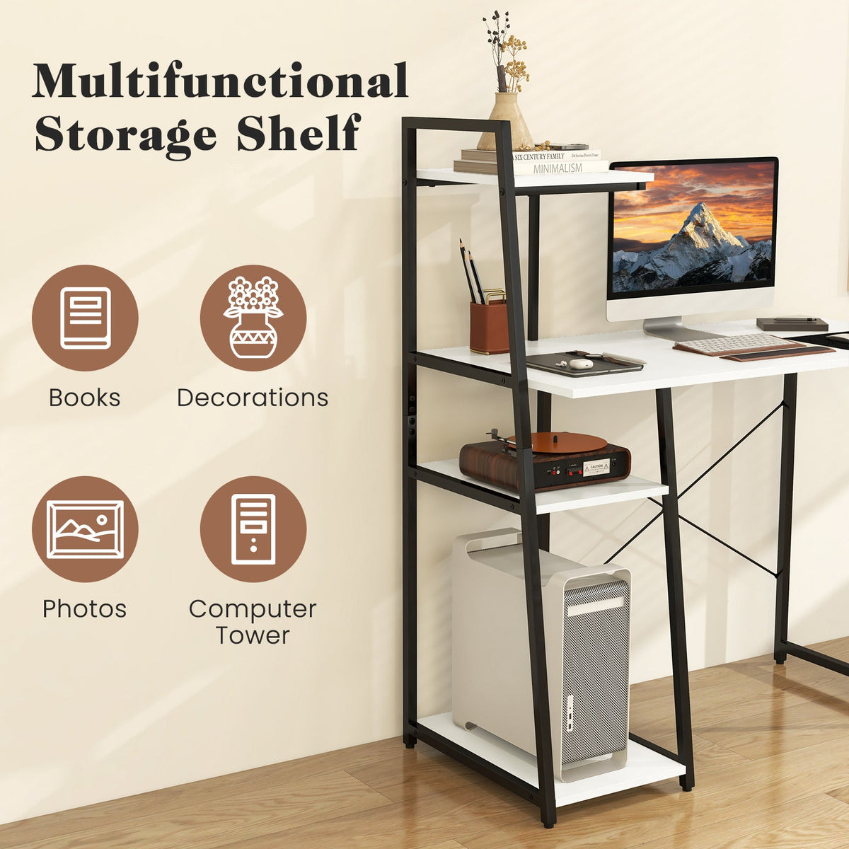 Compact Computer Desk with 4-Tier Storage Shelves