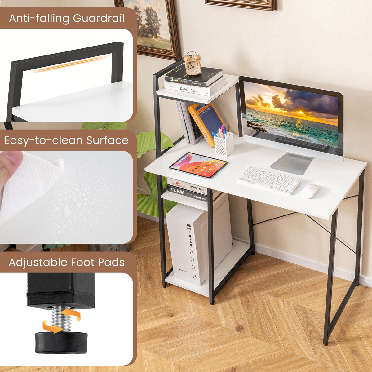 Compact Computer Desk with 4-Tier Storage Shelves