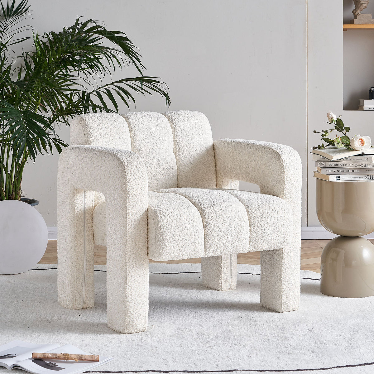 Modern Boucle Accent Chair – Low Profile, Wide Seat