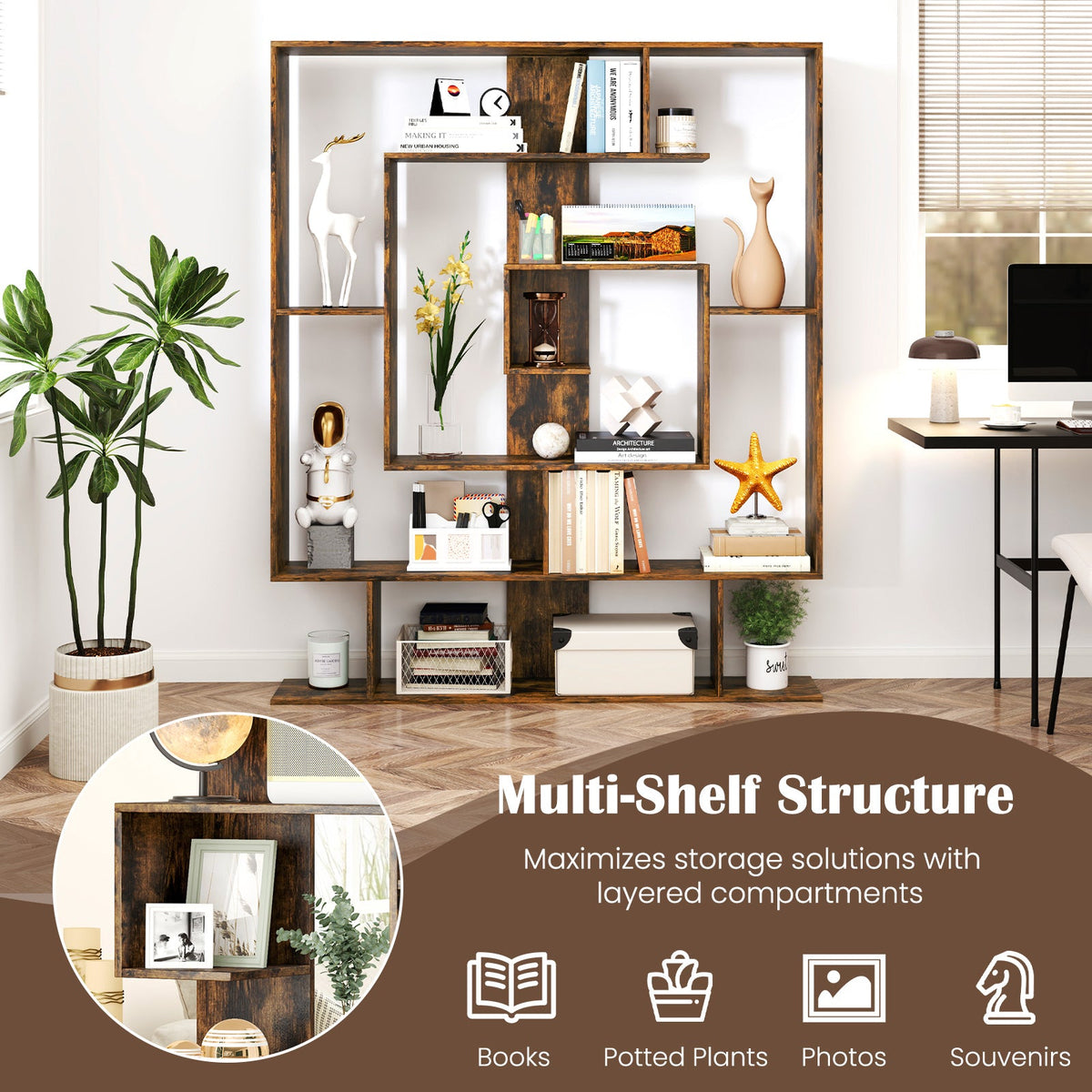 7-Tier Bookshelf  Open Display Shelf Rack for Home Office-Rustic Brown