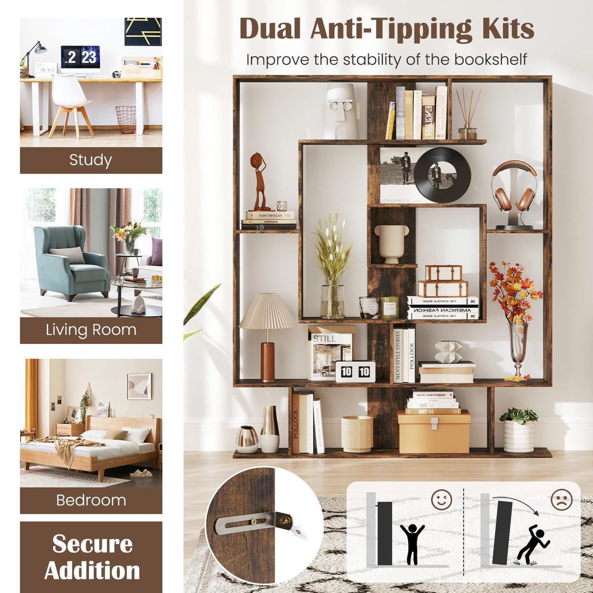 7-Tier Bookshelf  Open Display Shelf Rack for Home Office-Rustic Brown