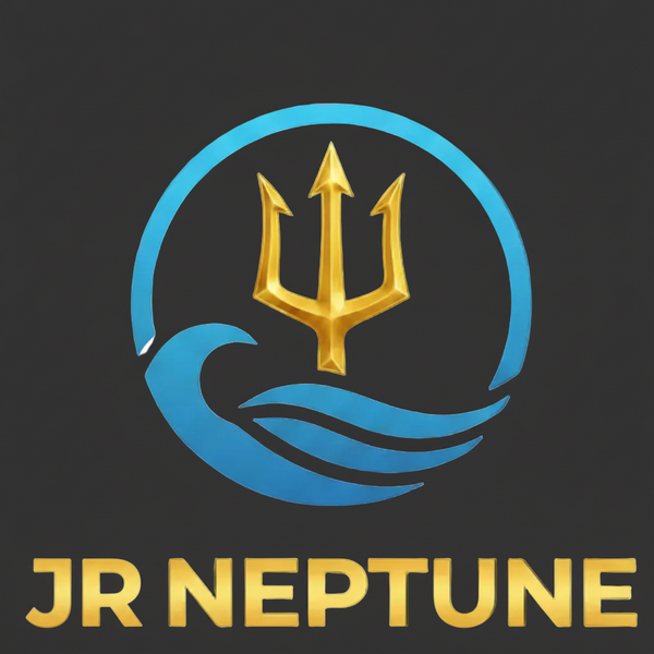 A centered blue logo on a dark gray background, featuring a trident inside a circular emblem with the text 'JRNEPTUNE.COM' in yellow below.