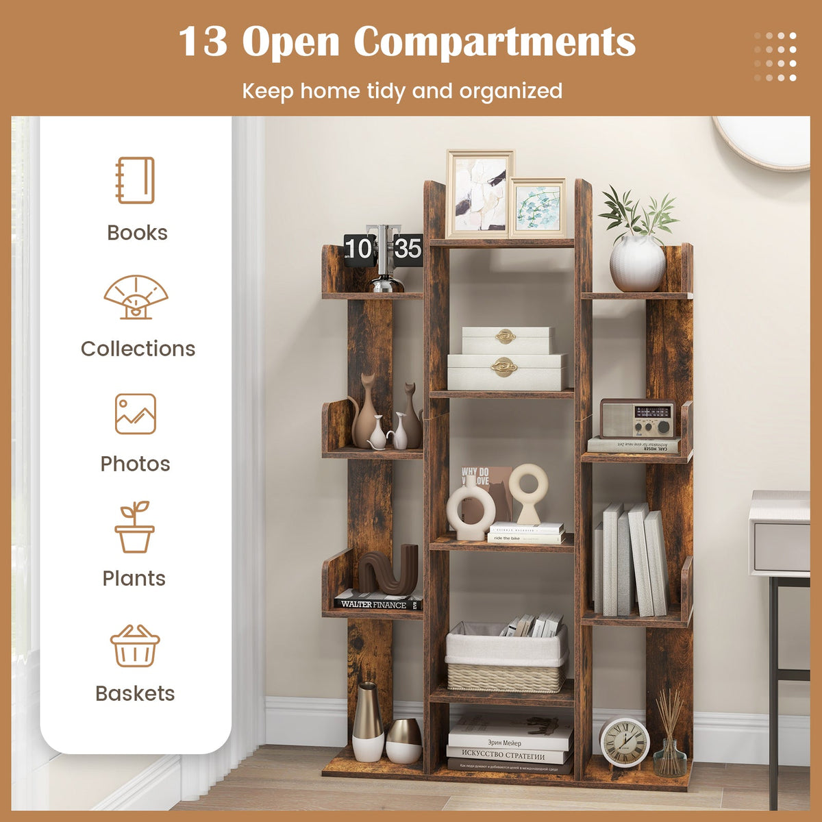 Tree-Shaped Bookshelf with 13 Compartments for Home Office-Rustic Brown