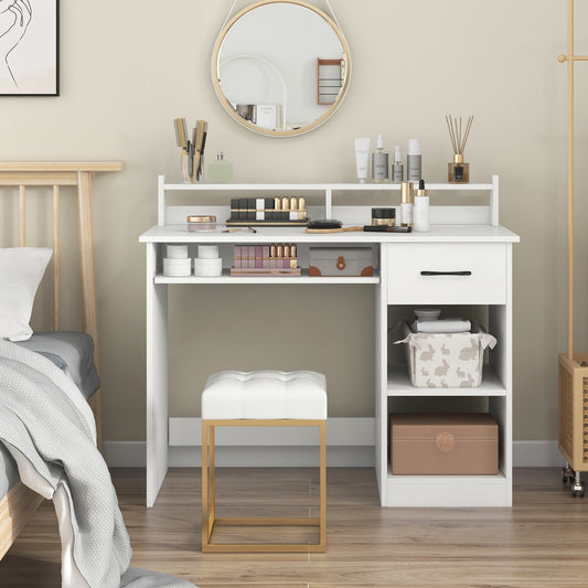 White Home Office Desk with Charging Station & Shelf