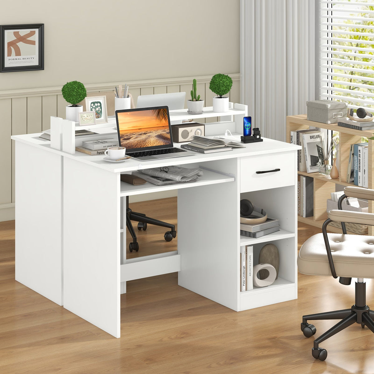 White Home Office Desk with Charging Station & Shelf