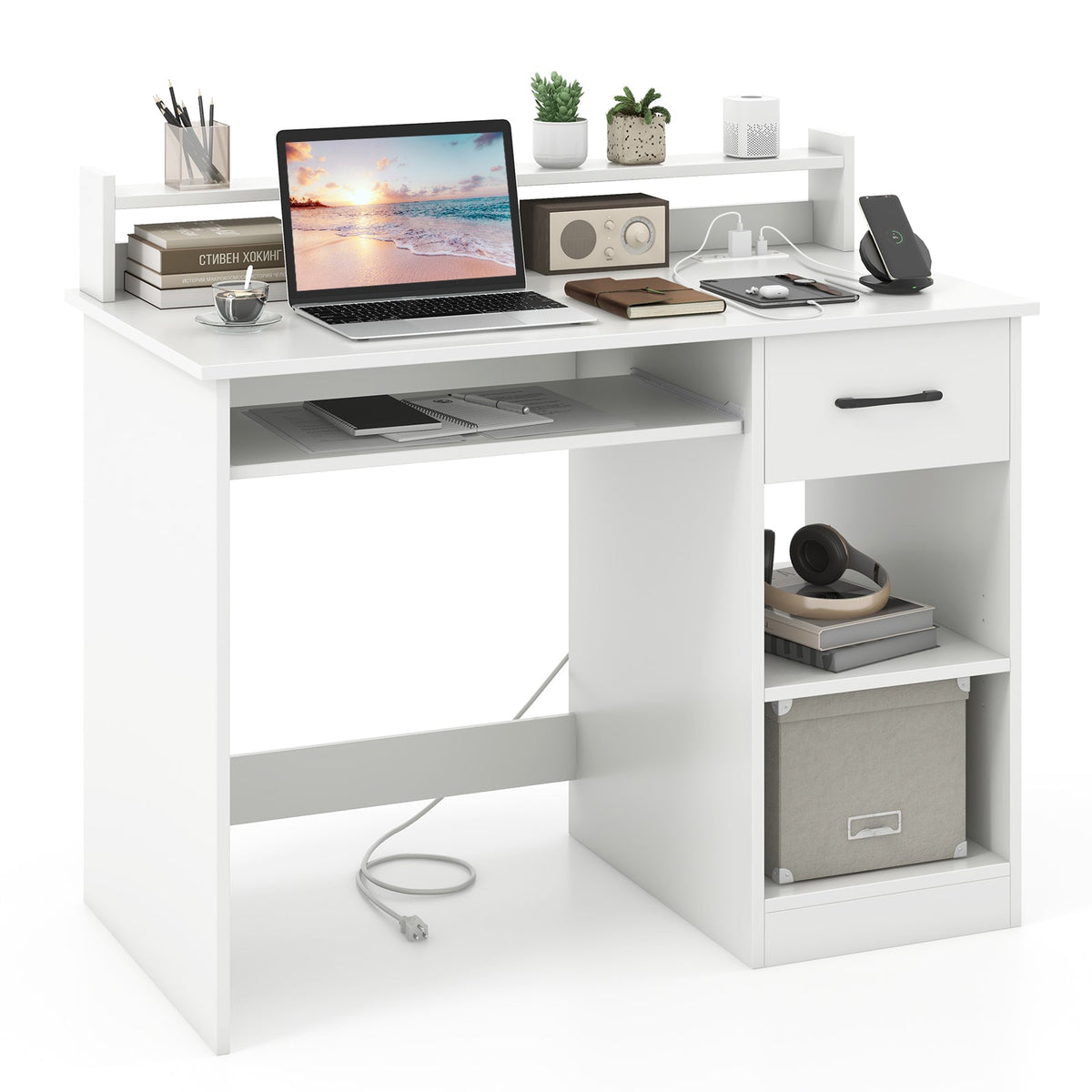 White Home Office Desk with Charging Station & Shelf