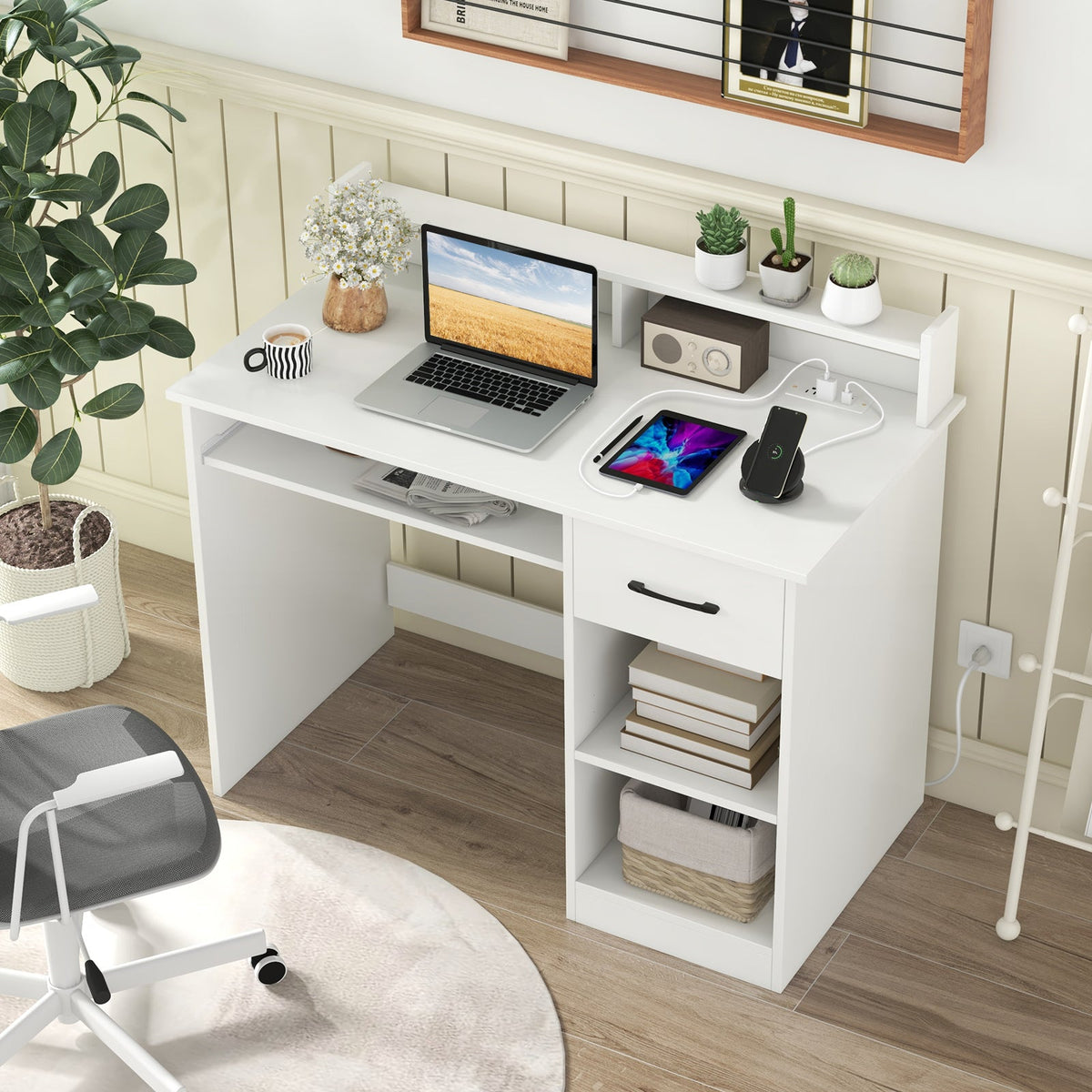 White Home Office Desk with Charging Station & Shelf