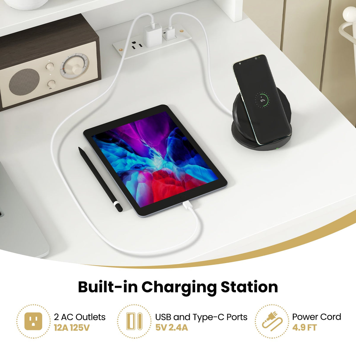White Home Office Desk with Charging Station & Shelf