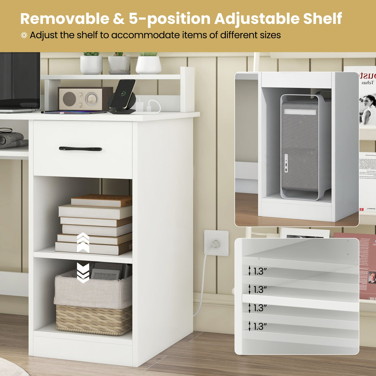 White Home Office Desk with Charging Station & Shelf