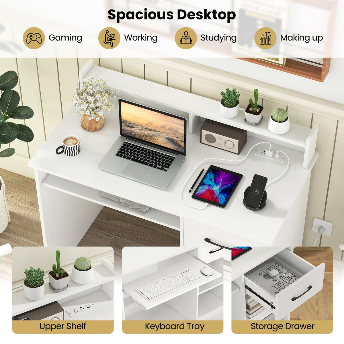 White Home Office Desk with Charging Station & Shelf