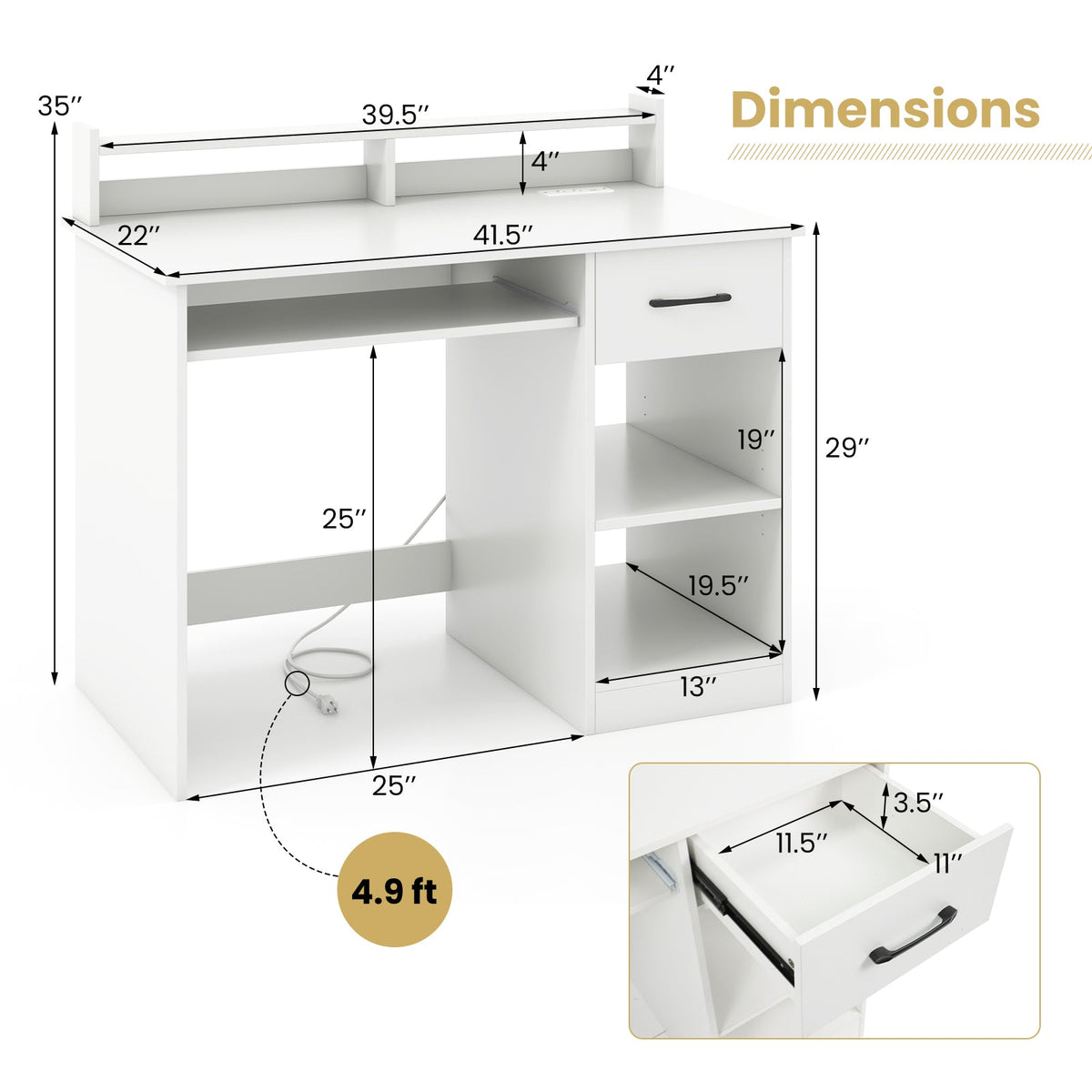 White Home Office Desk with Charging Station & Shelf