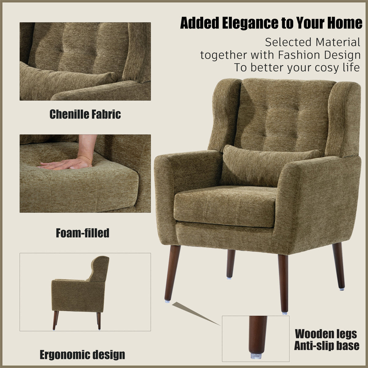 Modern Olive Green Chenille Accent Chair